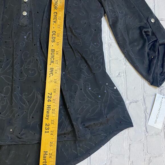 notations womens blouse L rollcuff Ruffle Witchy Sparkle NYC camp bold Statement - Picture 7 of 9